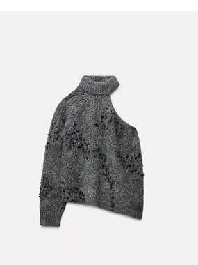 Zara Dark Charcoal One-Shoulder Beaded Turtleneck Sweater